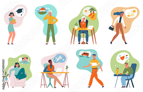 Dreamy thoughtful characters, dreaming people with thought bubbles. Happy persons dream about success, love or vacation vector illustration set. Thoughtful dreaming people