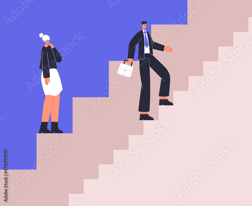 Career gender inequality, different work opportunities ladder metaphor. Business male and female inequality vector illustration. Unequal career opportunities