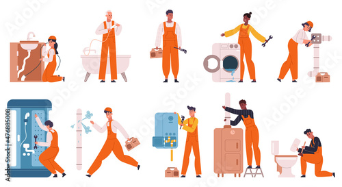 Plumbers fixing leakage, repairing pipes and heating system. Home repair masters, plumber characters fixing heating pipes vector illustration set. Plumbing fixing scenes