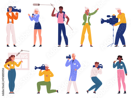 Reporters, journalists, professional photographers and tv broadcast videographers characters. Paparazzi and program news reporters vector illustration set. TV channel workers