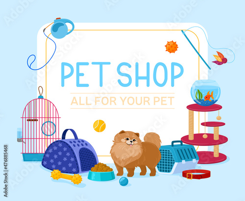 Cartoon pet shop accessories and equipment poster. Domestic pet food, toys and accessories vector background illustration. Pet shop advertising banner