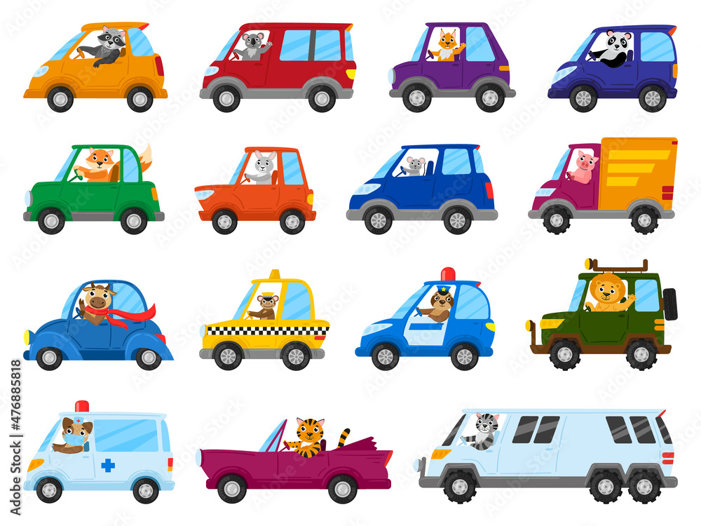 Cute cartoon animal drivers on toy cars, animal character drive toy transport. Animals, lion, mouse and racoon drive toy cars vector illustration set. Funny animal drivers