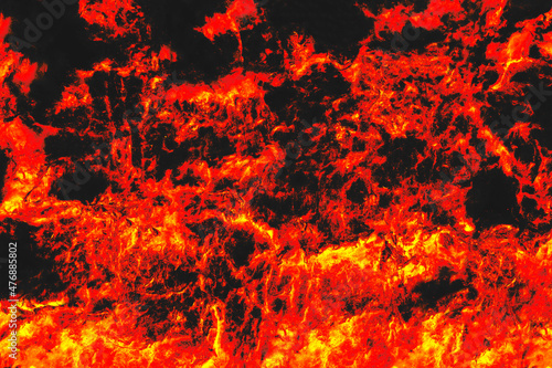 A fire flame pattern with sparks on a black background. The texture of a campfire at night.