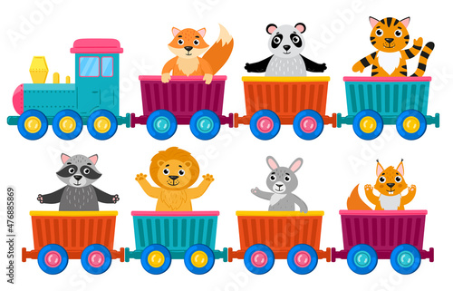 Cartoon cute animals on toy steam locomotive wagons. Toy train with funny wild animals vector illustration. Happy animals on train wagons