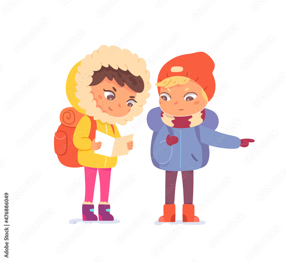 Kids in winter adventure, girl and boy with backpack hiking, child scout holding map Kids in winter adventure, girl and boy with backpack hiking, child scout holding map