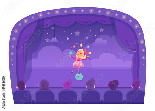 Circus juggler kid character performing acrobatic fun show, acrobat balancer juggling