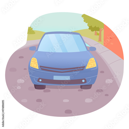 Front car view on city road, blue vehicle parking on side of street, automobile sedan
