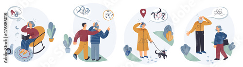 Elderly people with dementia disease set, elder woman and man suffering from memory loss
