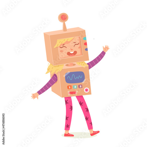 Kid playing fun game with cardboard handmade robot costume, child dreaming about future