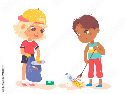 Kids collect trash in bag to clean park or street, cute volunteers working together