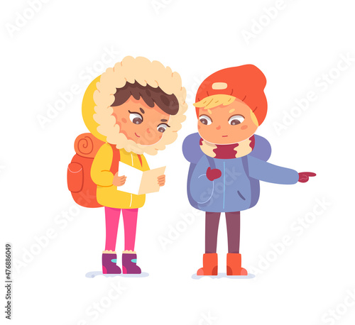 Kids in winter adventure, girl and boy with backpack hiking, child scout holding map