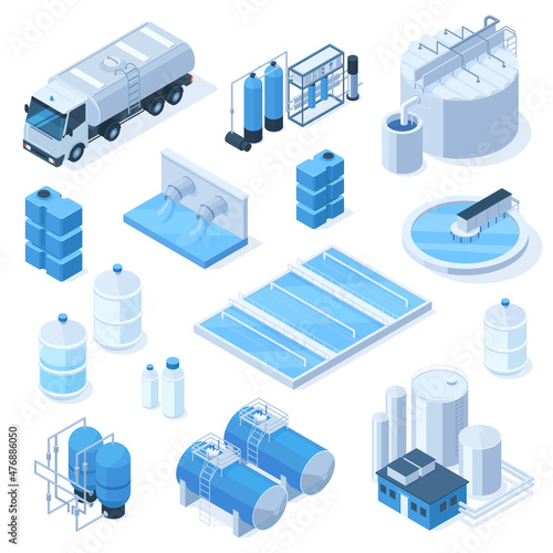 Isometric 3d water purification industrial system technology facilities. Industrial water tanks, pumping station vector illustration set. Industrial water facilities