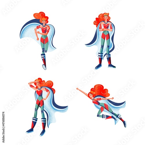 Superhero in costumes set. Cartoon comic heroes with capes vector illustration. Woman with powers posing isolated on white background. Brave superwoman standing and flying
