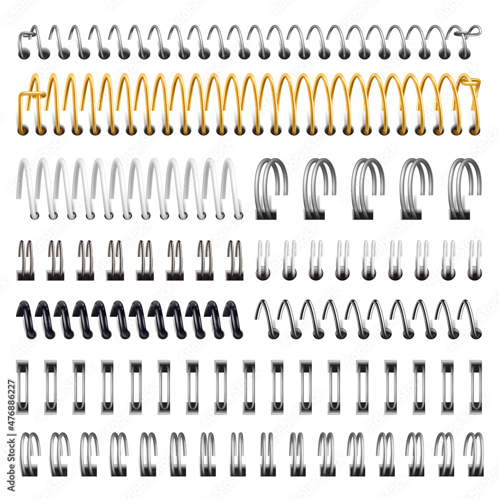Realistic silver, black and golden notebook iron spirals. Notebook, organiser iron spirals vector illustration set. Wired sketchbook or calendar spirals