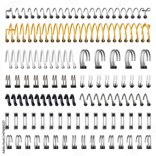 Realistic silver, black and golden notebook iron spirals. Notebook, organiser iron spirals vector illustration set. Wired sketchbook or calendar spirals