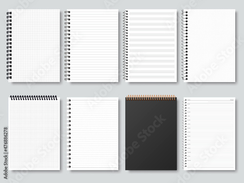 Realistic notepapers, spiral binding notebook, sketchbook or calendar. Open and closed diary, organiser or copybook vector illustration set. Blank notebook mockups