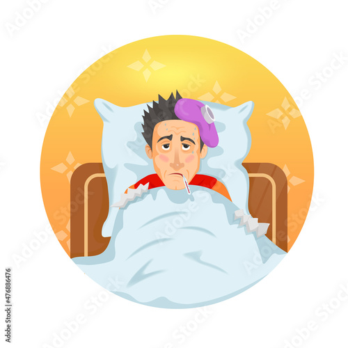 sick man laying in bed with fever on white background