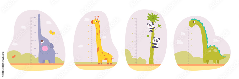Kids height meter in inches for kindergarten or home with cute tall animals in landscape set - obrazy, fototapety, plakaty 