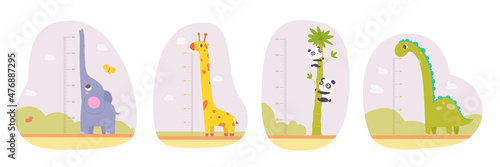 Kids height meter in inches for kindergarten or home with cute tall animals in landscape set