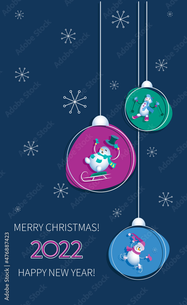 Snowman. Christmas toys. Festive garland with funny characters on christmas balls. Winter festive template on dark background. Happy New 2022 Year. Greeting card, poster. Vector illustration. 