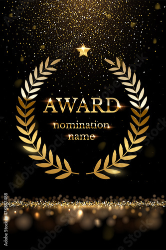 Winner nomination award with gold laurel, luxury reward, certificate poster with glitter
