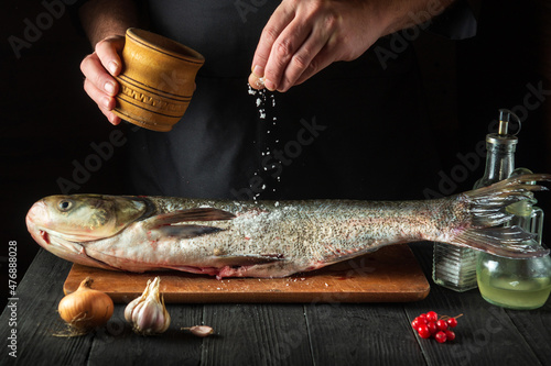 The chef prepares fresh fish bighead carp sprinkling salt. Preparing to cook fish food. Working environment in the restaurant kitchen photo