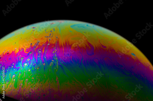 soap bubble. Close-up. Black background. Bright colors. Side view. A high resolution. Imitation of an unknown planet. Children's entertainment. Science fiction.