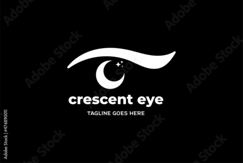 Modern Simple Minimalist Crescent Moon Star Eye Vision Logo Design Vector