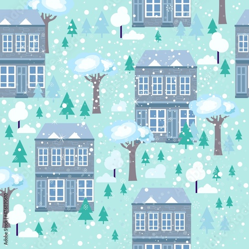 seamless pattern with winter city snowing, snowflakes fall in trees, backdrop