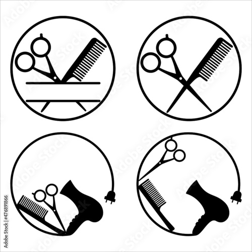 hair stylist symbol, hairdresser logo, silhouettes of hair dryer, scissors and combs 