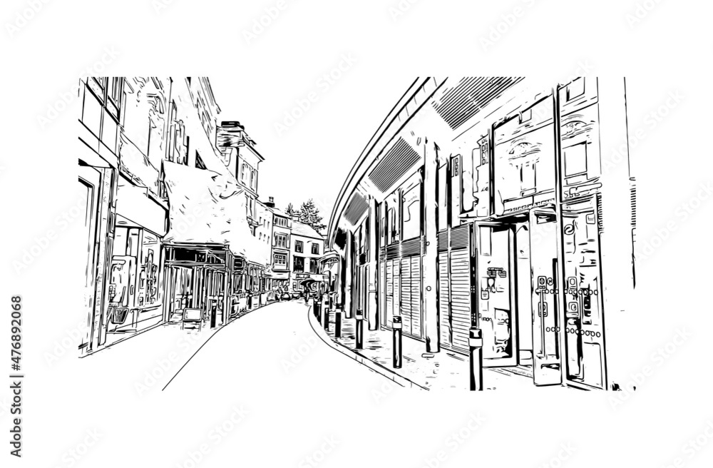 Building view with landmark of Leicester is the 
city in England. Hand drawn sketch illustration in vector.