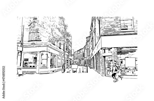 Building view with landmark of Leicester is the city in England. Hand drawn sketch illustration in vector.