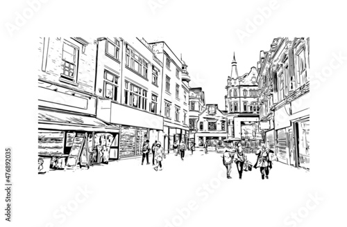 Building view with landmark of Leicester is the 
city in England. Hand drawn sketch illustration in vector.