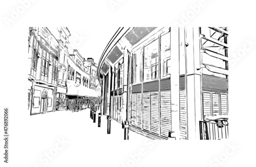 Building view with landmark of Leicester is the 
city in England. Hand drawn sketch illustration in vector.