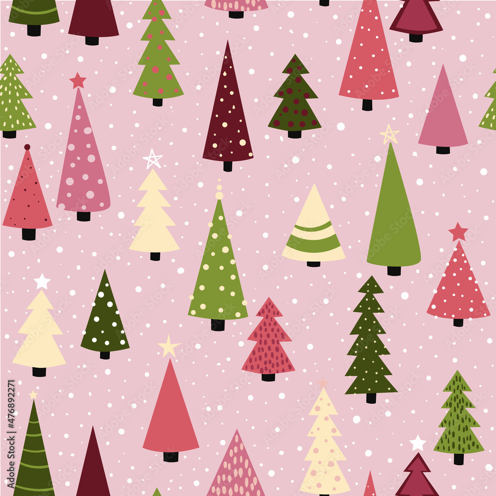 Obraz premium Christmas trees with snow on pink background seamless pattern