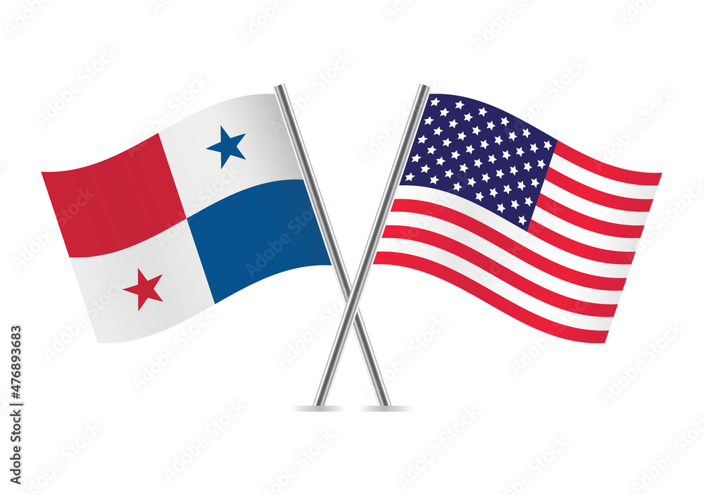 America and Panama flags. American and Panamanian flags isolated on white backgroud. Vector illustration.