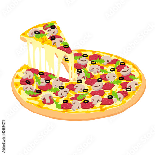 Fresh pizza with mushrooms, olives, herbs and salts isolated on a white background.Traditional italian fast food.