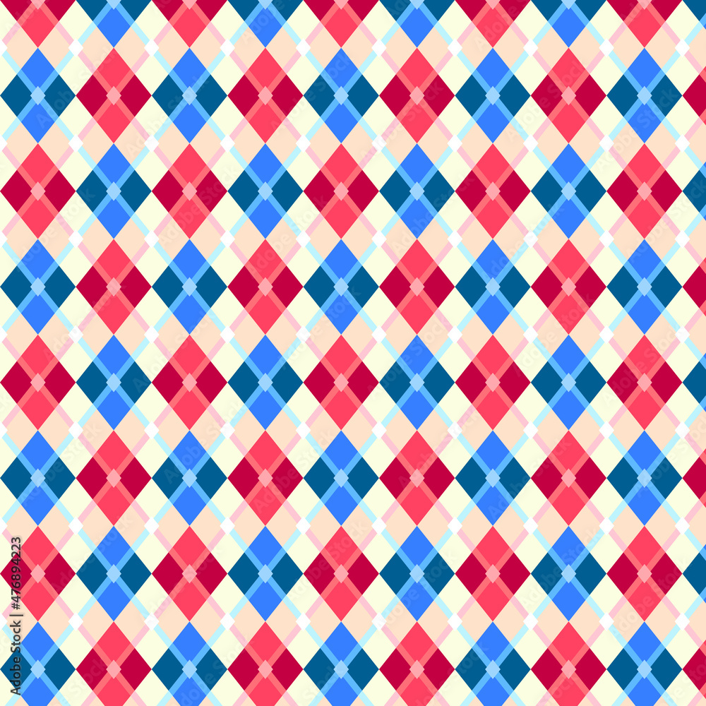 Seamless lozenge pattern of red, blue and beige lozenges.Texture for typography Seamless lozenge pattern of red, blue and beige lozenges.Texture for typography