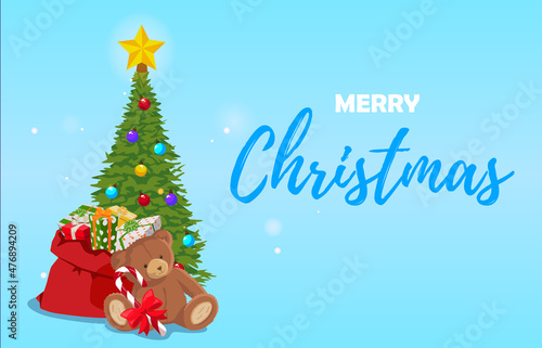 Christmas background with a Christmas tree, under the tree bag with gifts and a teddy bear. The inscription to the right Merry Christmas