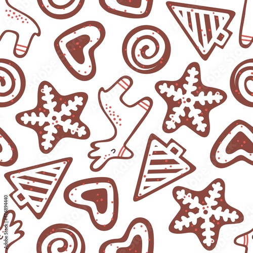 Seamless vector pattern with cute hand drawn various gingerbread cookies. Symbols of Christmas in flat design. Sweet background for packaging, wrapping paper, card, gift, fabric, textile, wallpaper.