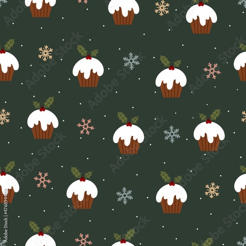 Seamless vector pattern with hand drawn Christmas pudding. Cute symbol of winter dessert illustration. Holidays treat background for wrapping paper, packaging, print, fabric, textile, card, wallpaper.