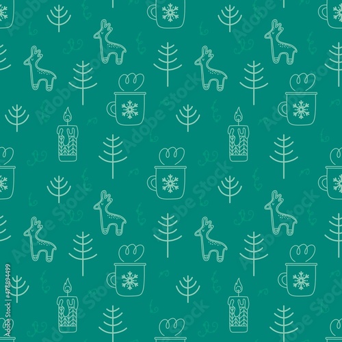 Seamless vector pattern with cute hand drawn Nordic winter hygge doodle elements. Trendy outline Scandi background for wrapping paper, card, gift, fabric, textile, wallpaper, packaging.