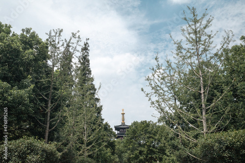 Traditional Chinese pagoda over trees in Suzhou, China photo