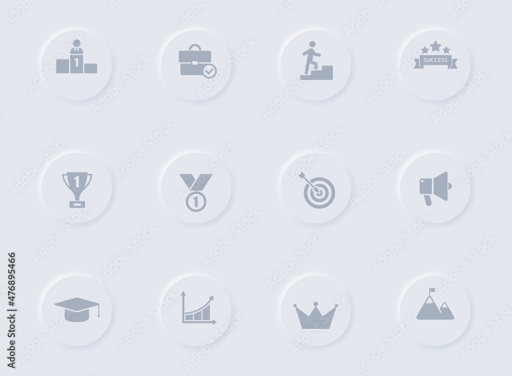 success gray vector icons on round rubber buttons. success icon set for web, mobile apps, ui design and promo business polygraphy