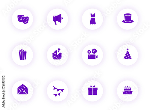 party purple color vector icons on light round buttons with purple shadow. party icon set for web, mobile apps, ui design and print