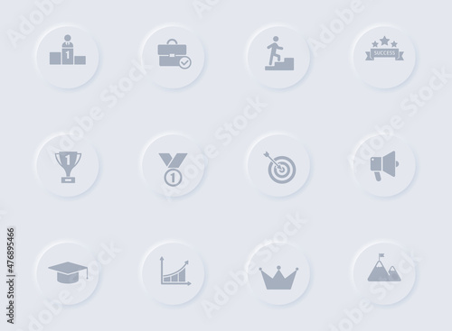 success gray vector icons on round rubber buttons. success icon set for web, mobile apps, ui design and promo business polygraphy