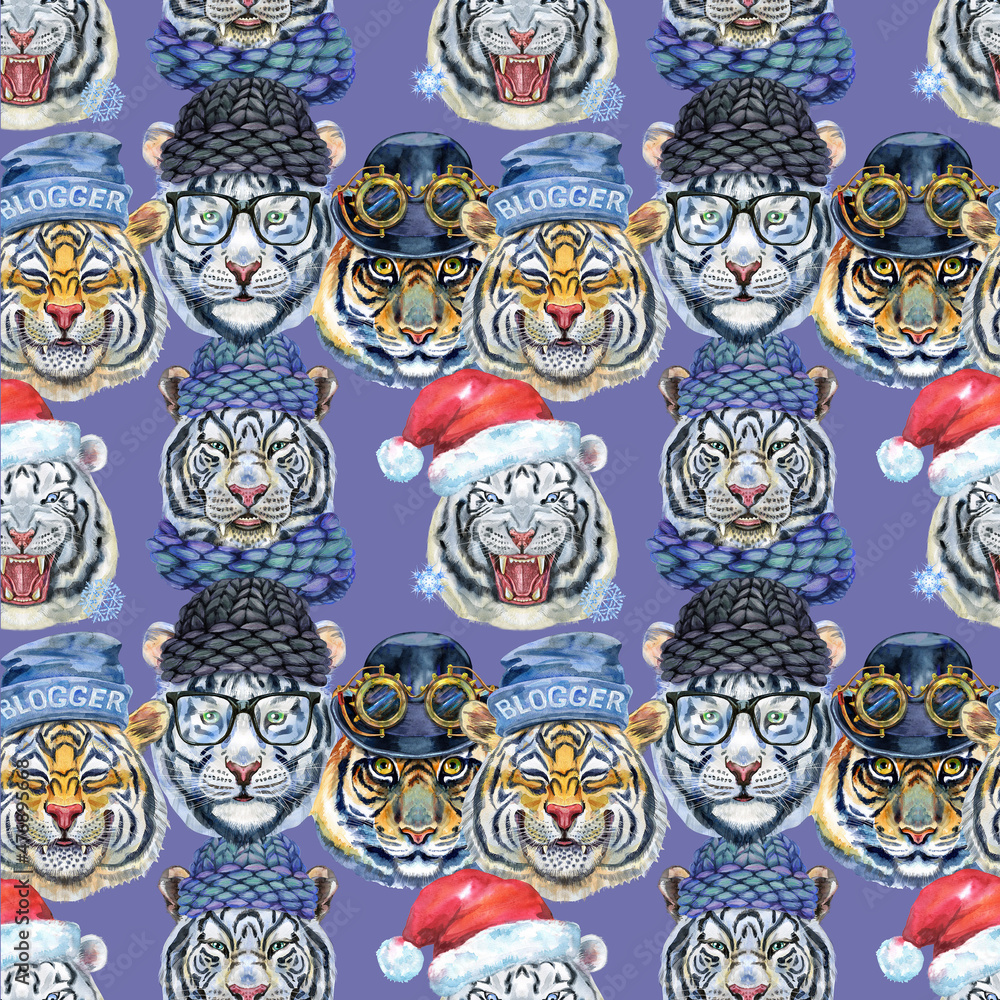 Fototapeta premium Seamless pattern with the image of a tiger's face. Decor for decoration of textiles or wallpaper.