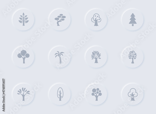 trees gray vector icons on round rubber buttons. trees icon set for web, mobile apps, ui design and promo business polygraphy