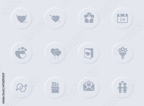 valentine day gray vector icons on round rubber buttons. valentine day icon set for web, mobile apps, ui design and promo business polygraphy