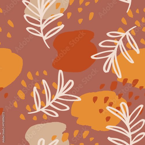Modern boho seamless pattern with abstract shapes and leaves. Contemporary fashion background in earth color tones